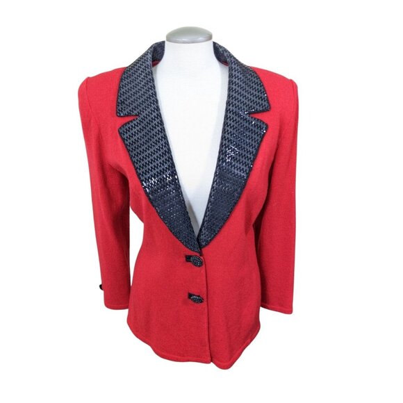Vintage Toula Two Button Cardigan Jacket Red Knit Black Sequin Collar Womens 10 - Picture 1 of 7